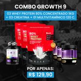 [COMBO 9] 03 WHEY PROTEIN 80% CONCENTRADO 1KG + 03 CREATINA MONOHIDRATADA 250G + 01 MULTIVITAMÍNICO (120 CAPS)